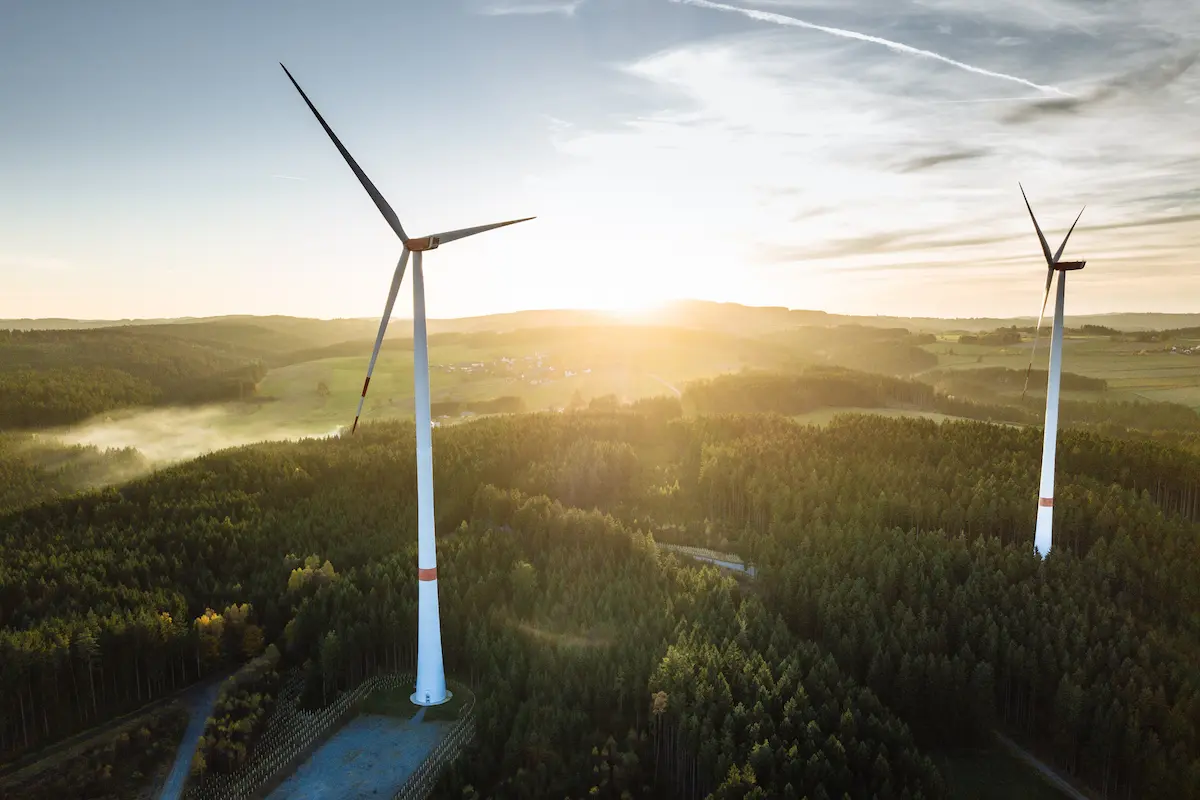 Zwei Windräder im Wald.