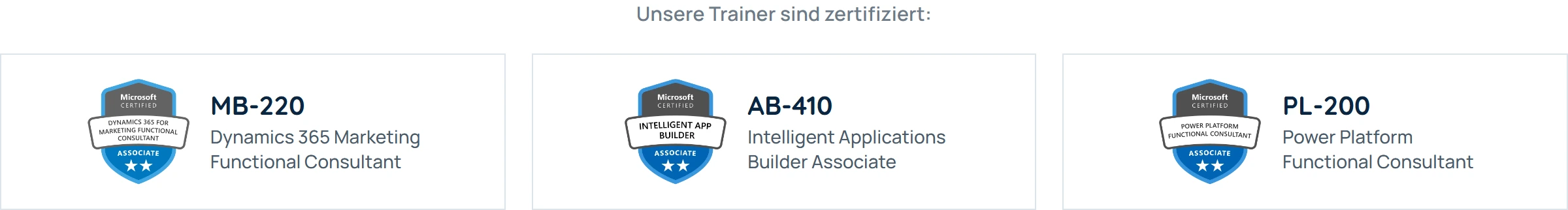 Microsoft Certified Associate Badges der Aliru Trainer: MB-220 Dynamics 365 Marketing Functional Consultant, AB-410 Intelligent Applications Builder Associate und PL-200 Power Platform Functional Consultant