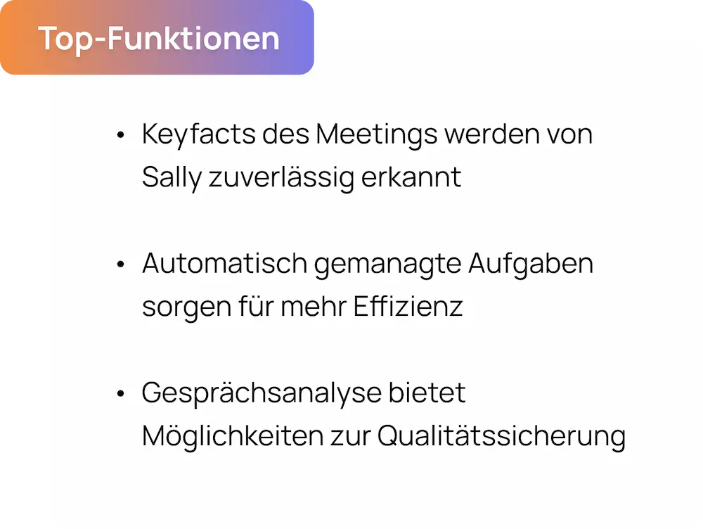 Aufzählung der Topfunktionen der Meeting-Transkription wie Erkennung von Keyfacts des Meetings oder Gesprächsanalyse.