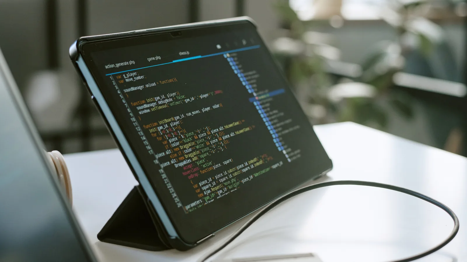 Tablet auf einem Schreibtisch zeigt den Quellcode einer gewachsenen Anwendung