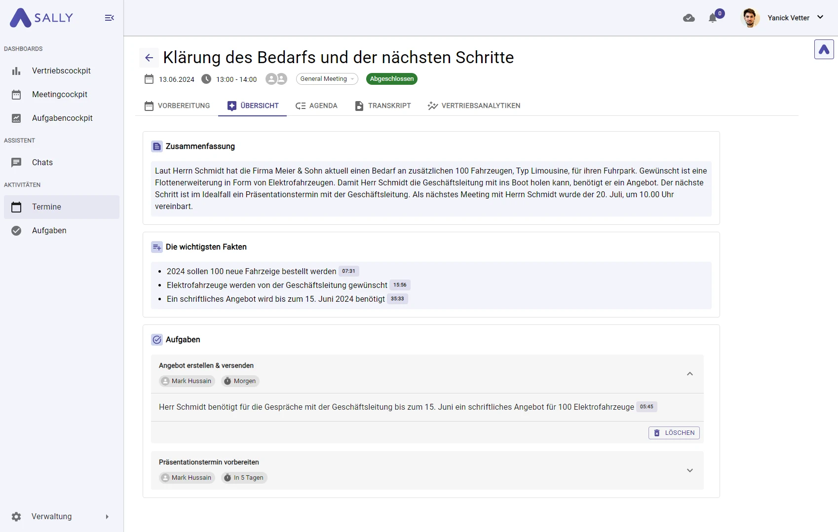 Dashboard mit dem Transkript und Keyfacts des Termins.
